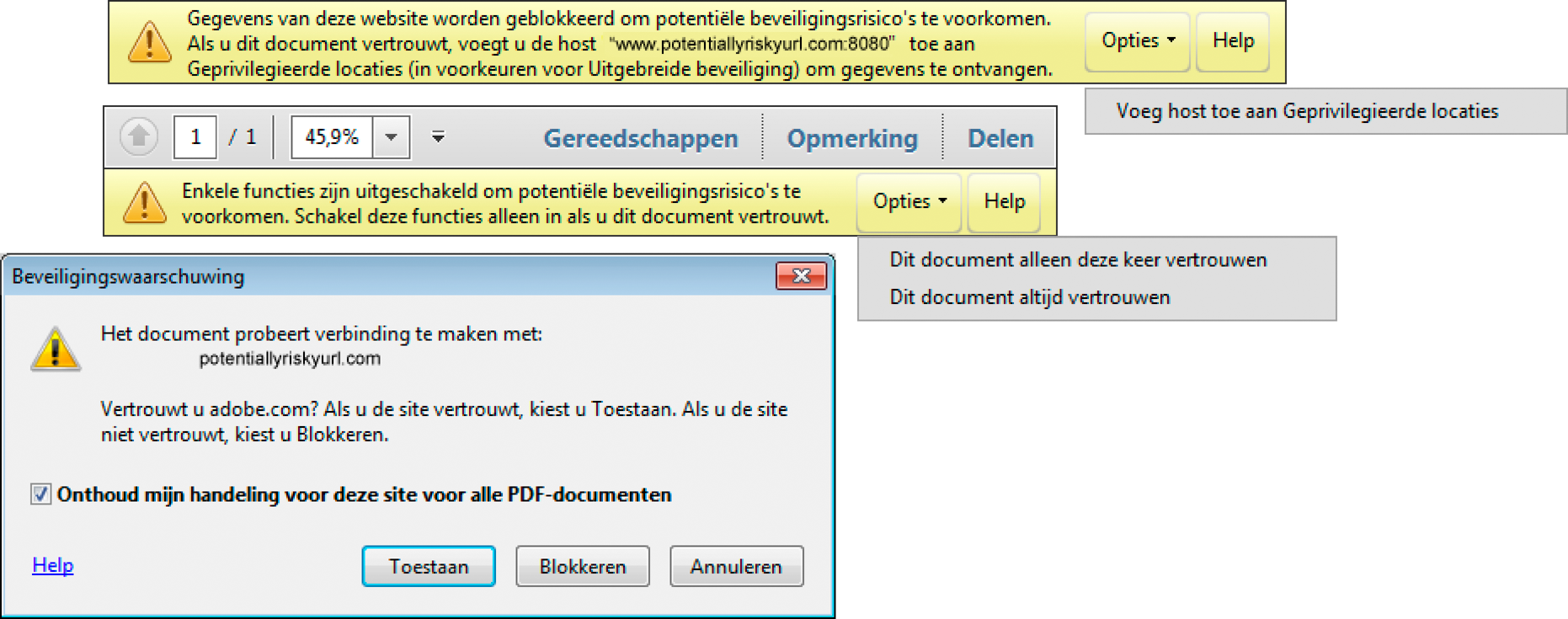 Help bij Acrobat Beveiligingswaarschuwingen wanneer een PDF wordt geopend