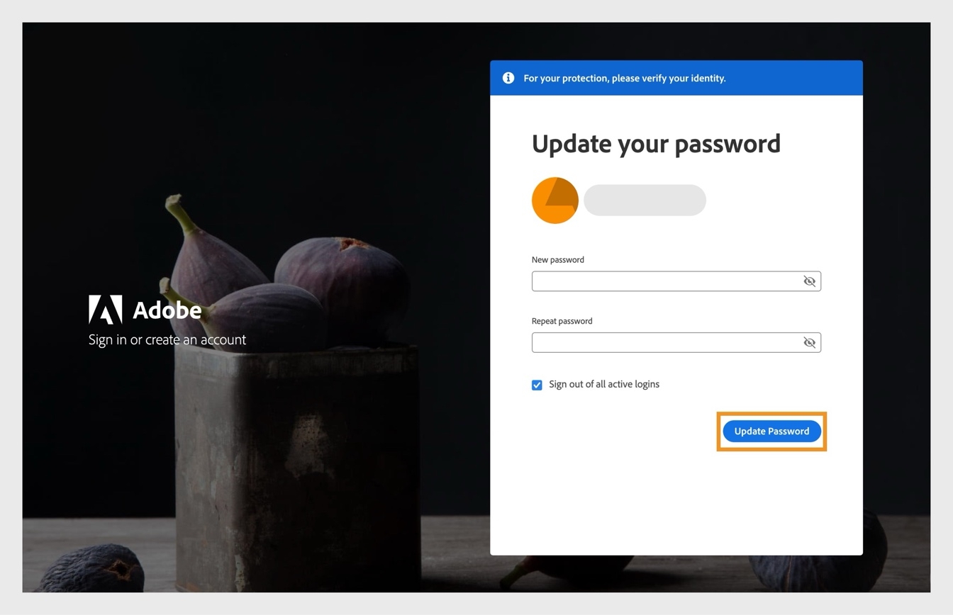 يتيح لك زر Update Password، الموجود في الجانب الأيمن من نافذة Update your password، تغيير كلمة مرور Adobe إلى كلمة مرور جديدة. 