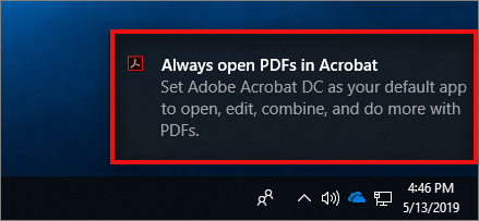 إخطار منبثق لضبط Acrobat كالمالك الافتراضي PDF