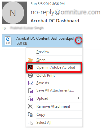 فتح في Acrobat من القائمة المنسدلة الخاصة بالمرفق