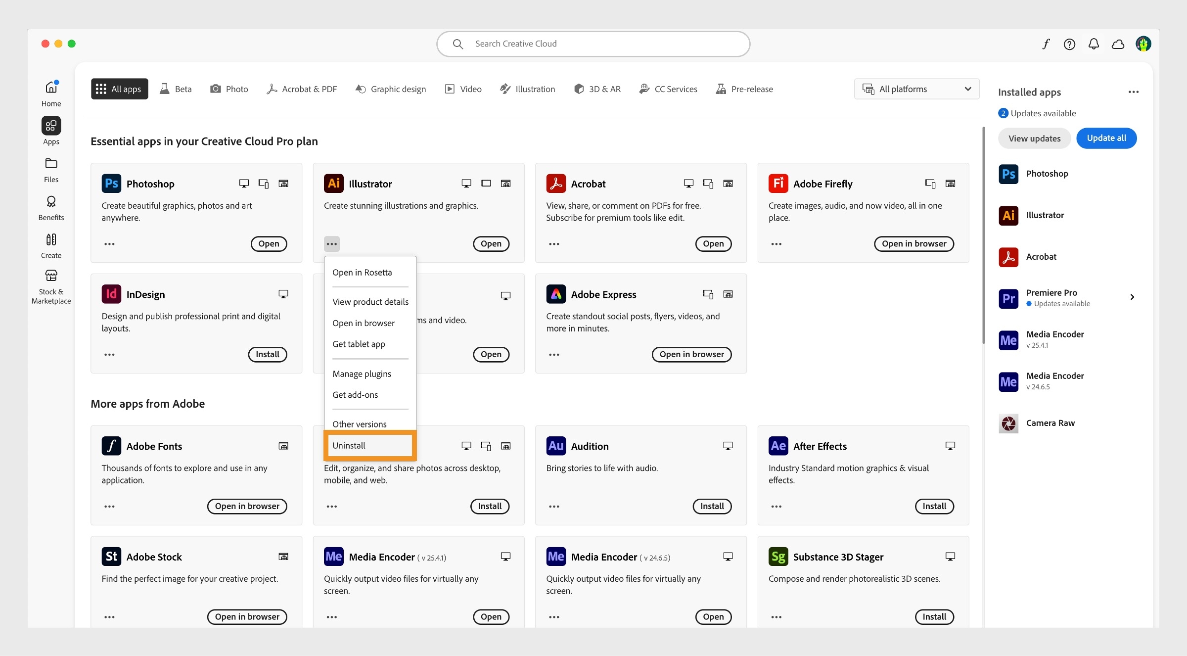 تقدم القائمة السياقية لتطبيق Creative Cloud خيار إلغاء تثبيت التطبيق. 