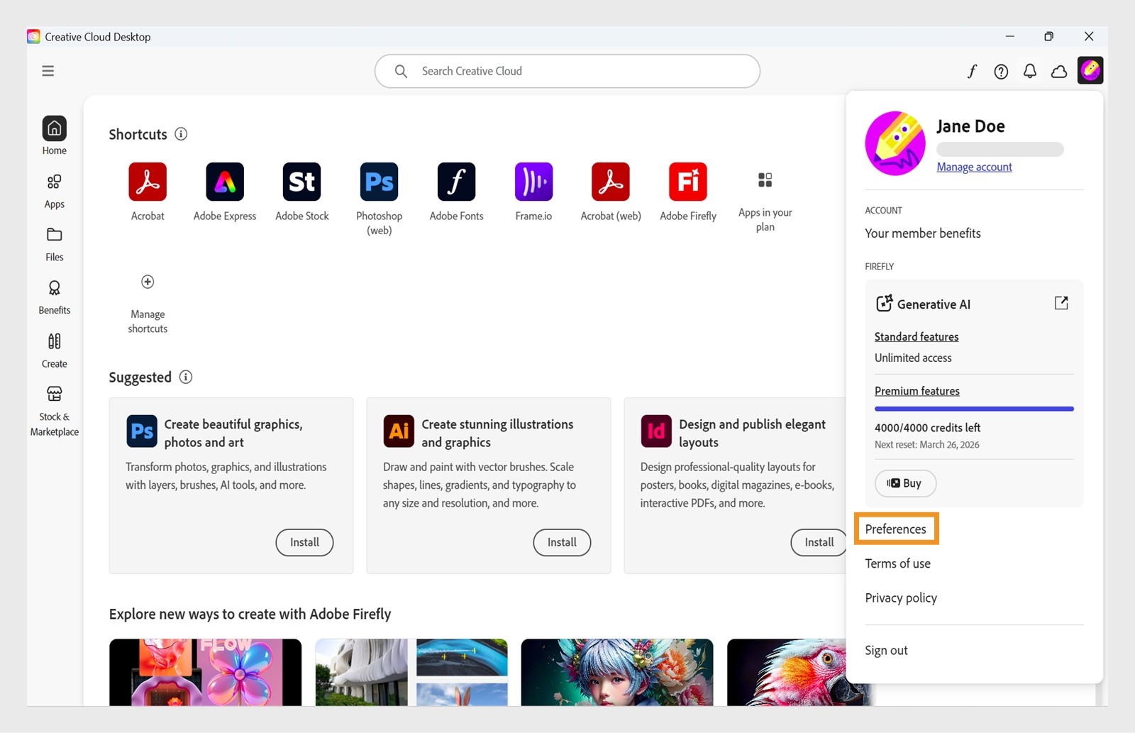 يعرض تطبيق Creative Cloud لسطح المكتب القائمة المنسدلة للحساب مع تمييز فوق خيار التفضيلات.