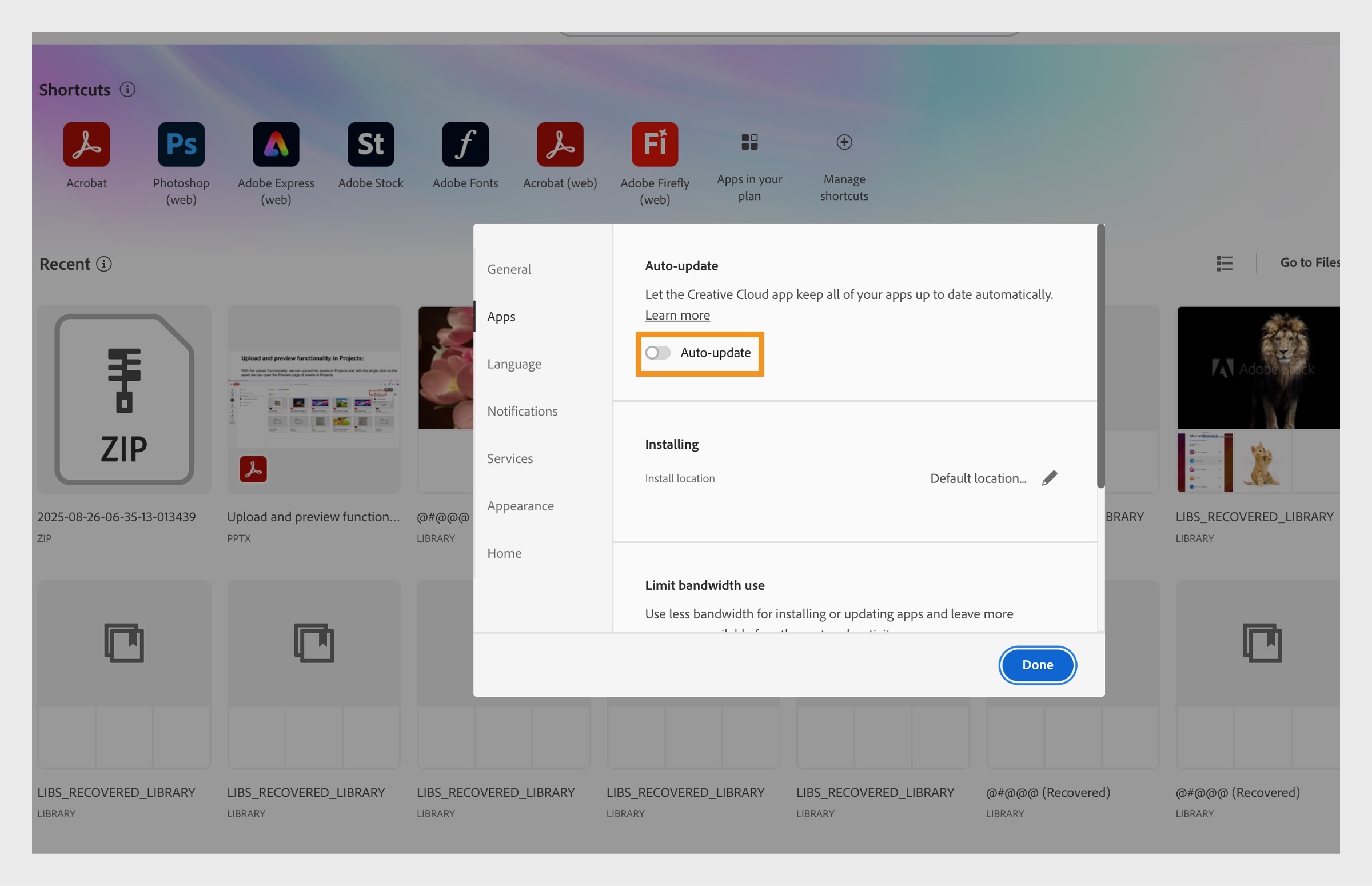 توفر علامة التبويب "التطبيقات" في نافذة التفضيلات خيار تشغيل التحديث التلقائي لجميع التطبيقات. بمجرد تفعيله، سيمكنك التفعيل أو إيقاف التفعيل للتطبيقات الفردية. 
