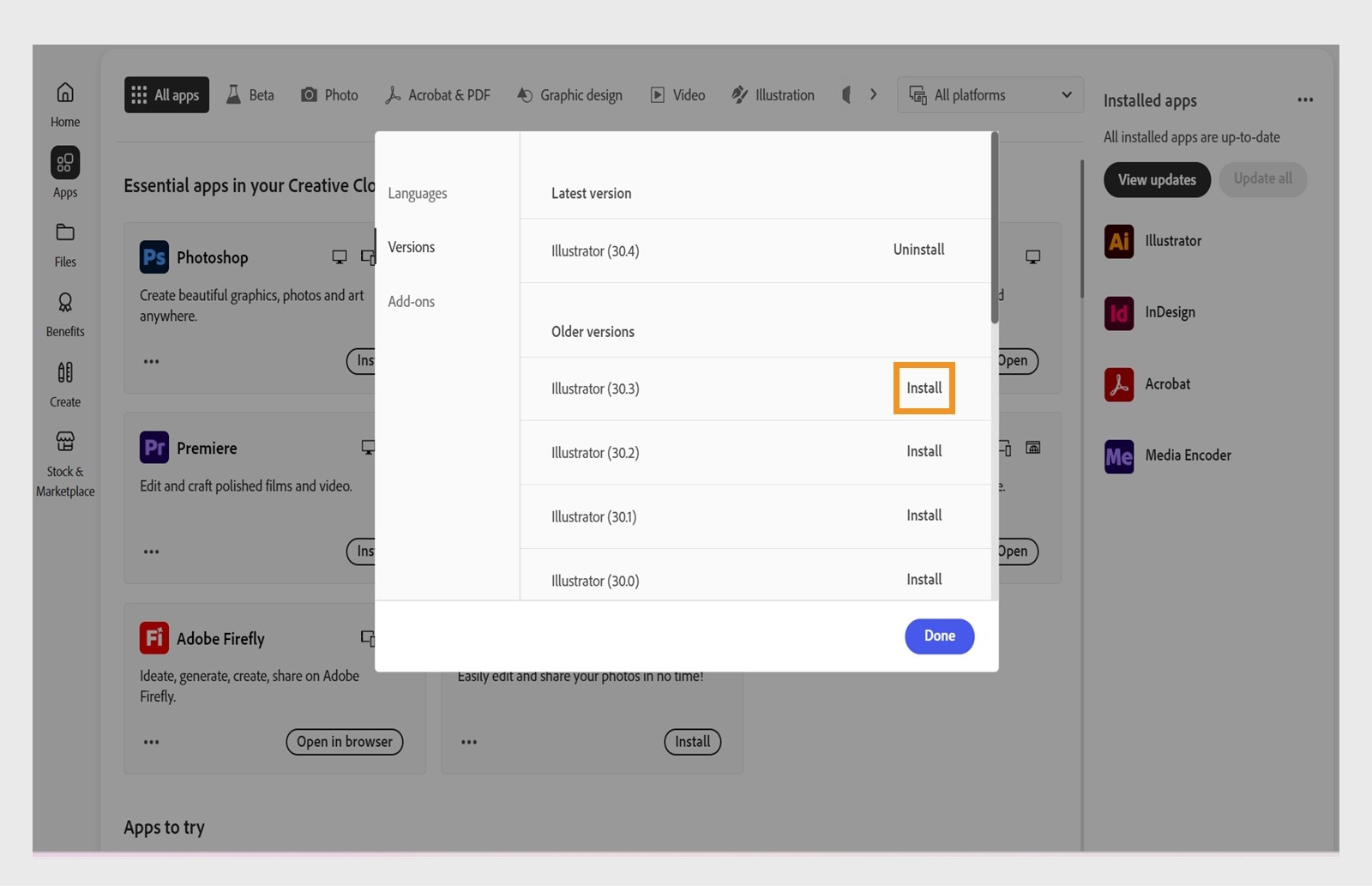 تعرض علامة التبويب "الإصدارات" قائمة بالإصدارات الأقدم من تطبيقات Creative Cloud المتاحة للتثبيت. 