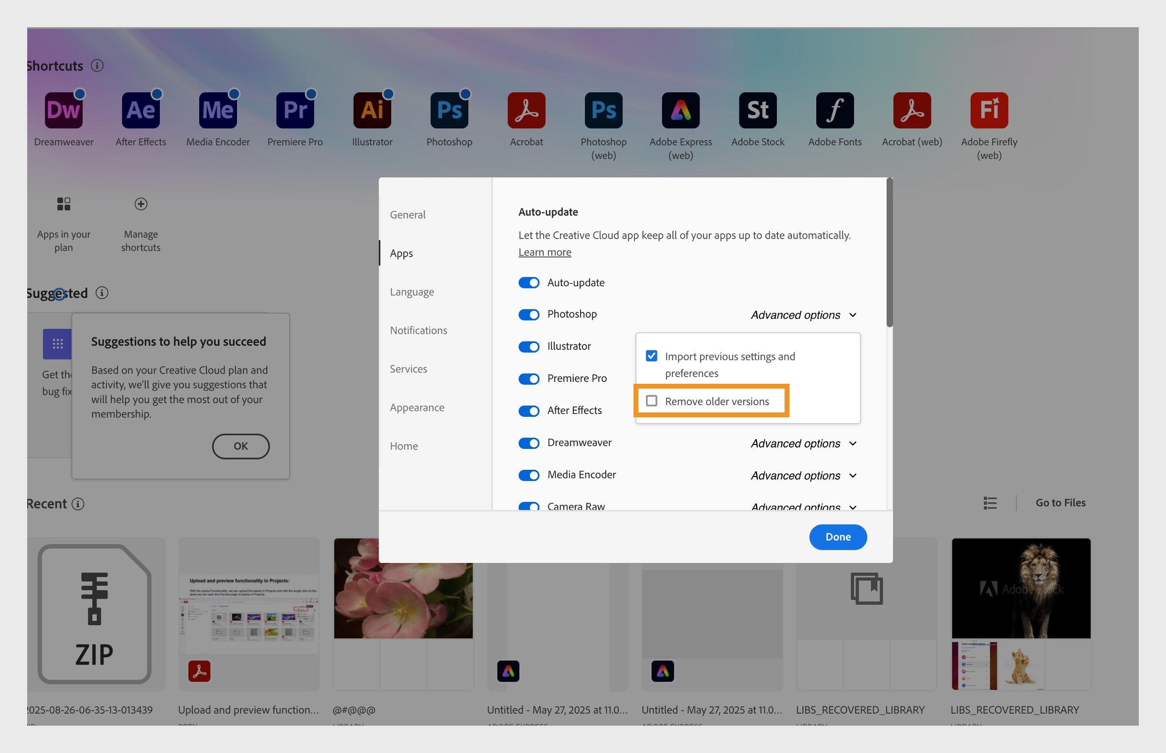 توفر الخيارات المتقدمة لكل تطبيق في علامة التبويب "التطبيقات" خيار إزالة الإصدارات الأقدم من تطبيقاتك أو الاحتفاظ بها. 