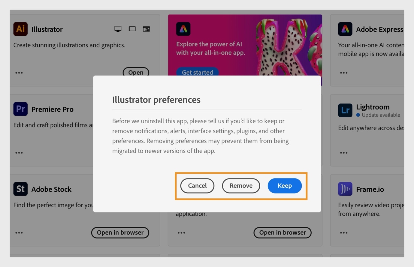 تسألك نافذة التفضيلات عما إذا كنت تريد الاحتفاظ بالإشعارات والتنبيهات والمكونات الإضافية والتفضيلات الأخرى أو إزالتها. يمكنك أيضًا إلغاء عملية إلغاء التثبيت. 