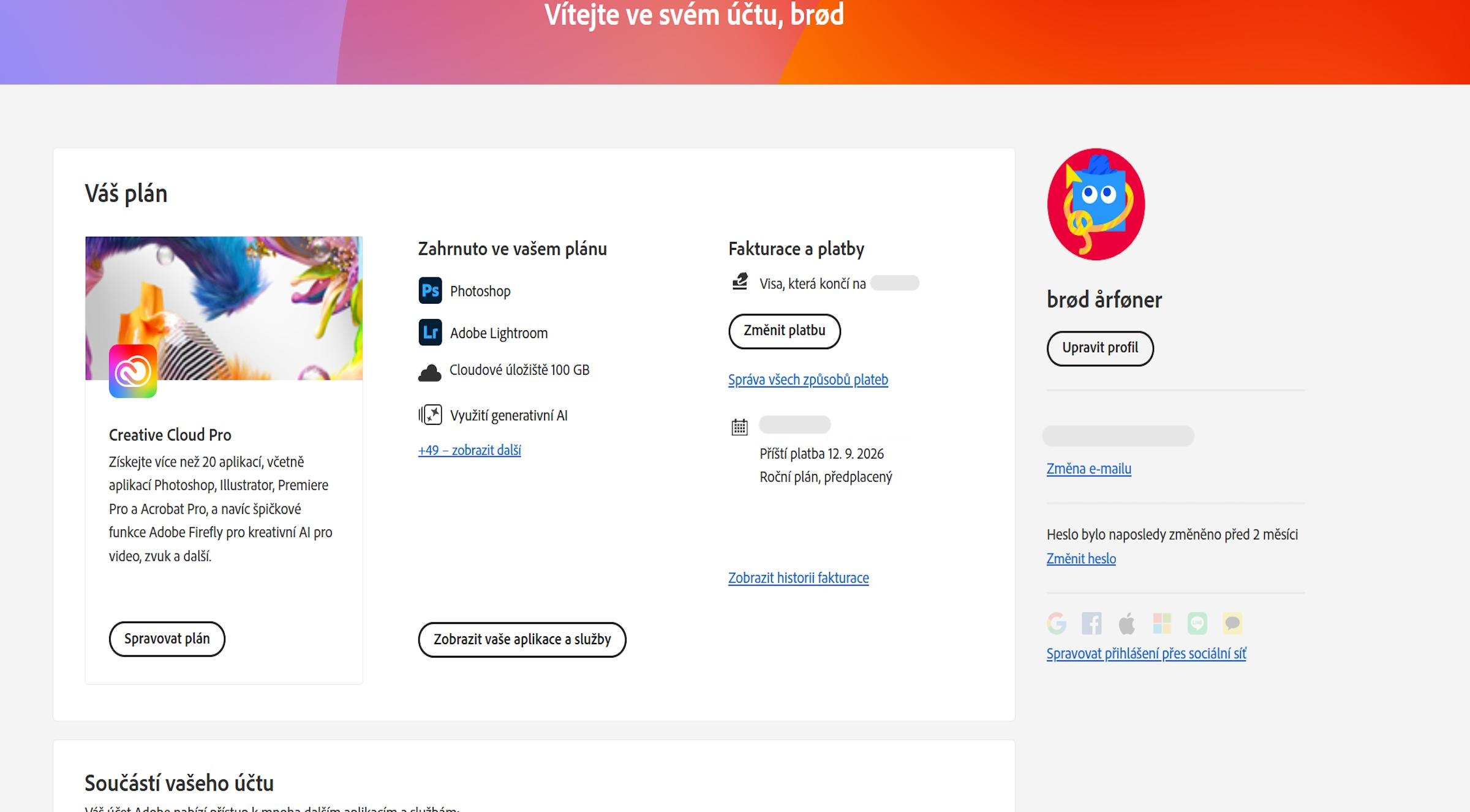 Na stránce s přehledem účtu Adobe je zobrazen váš plán s možnostmi správy plánu, přístupu k aplikacím a službám, úpravy fakturace a plateb, zobrazení historie fakturací, úpravy profilu a další. 