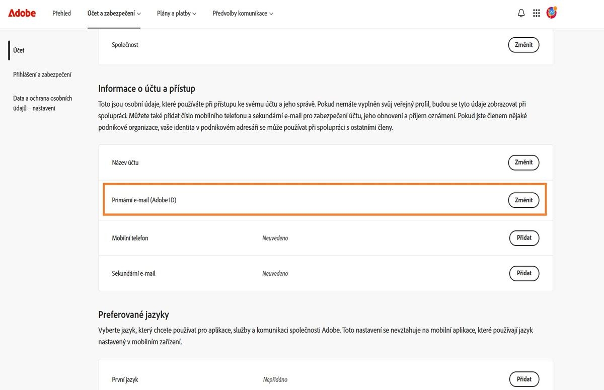 Oblast Primární e-mail (Adobe ID), která se nachází v části Informace o účtu a přístup na kartě Účty, zobrazuje e-mailovou adresu přidruženou k vašemu účtu Adobe.