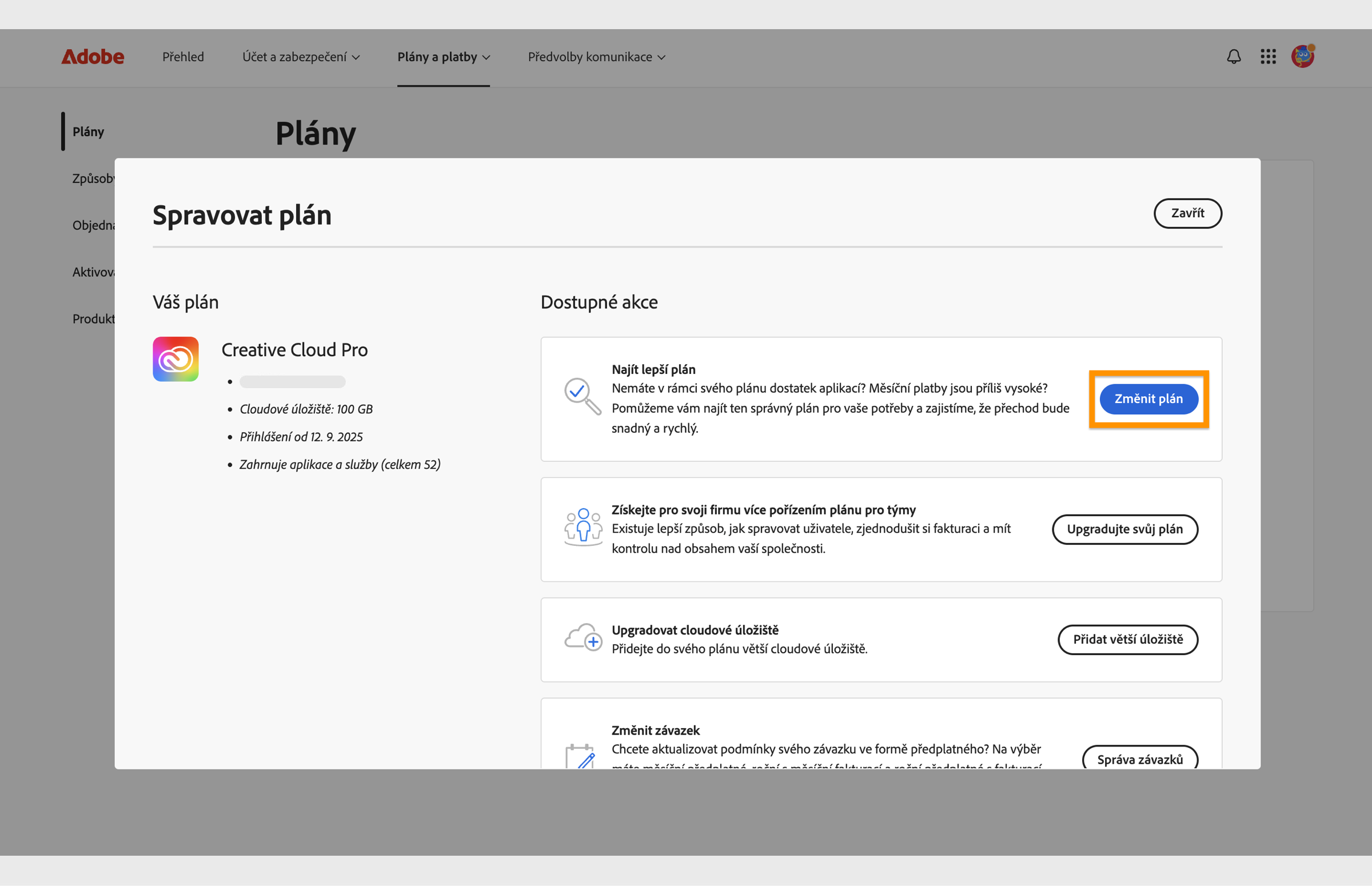 Okno Správa plánu zobrazující dostupné akce, kde je zvýrazněno tlačítko Změnit plán.