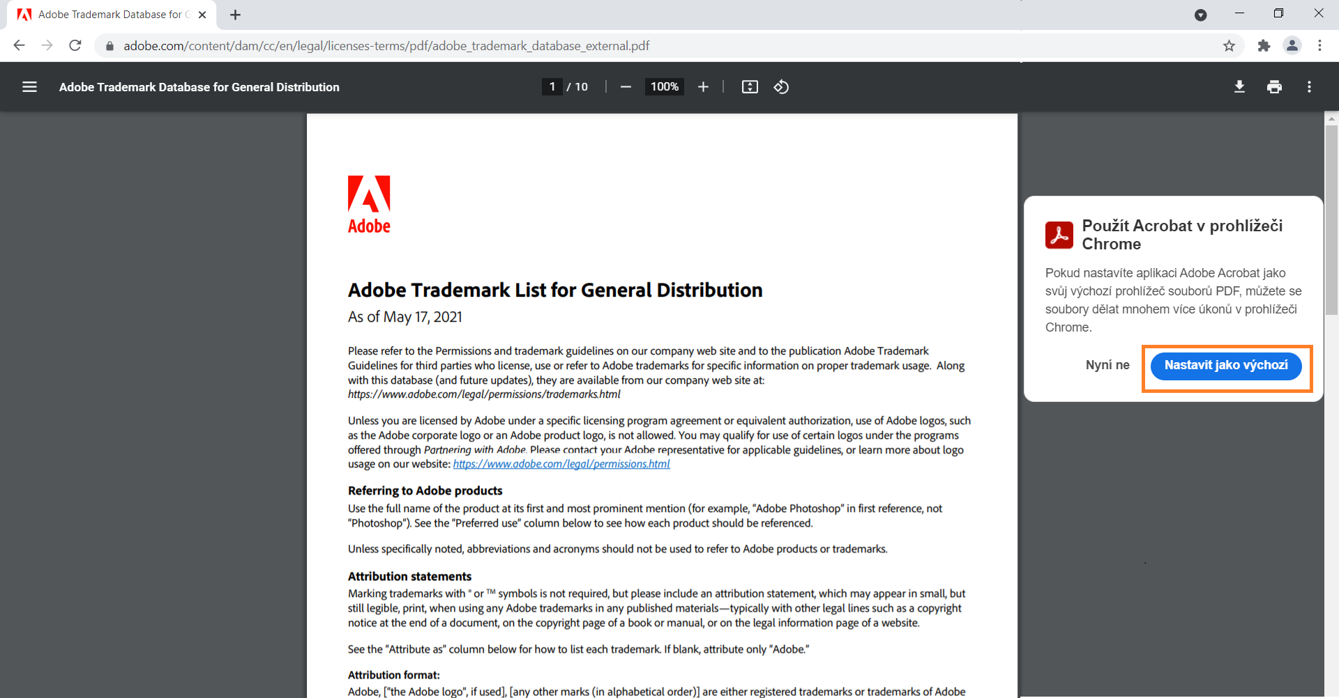 Nastavit aplikaci Acrobat jako výchozí