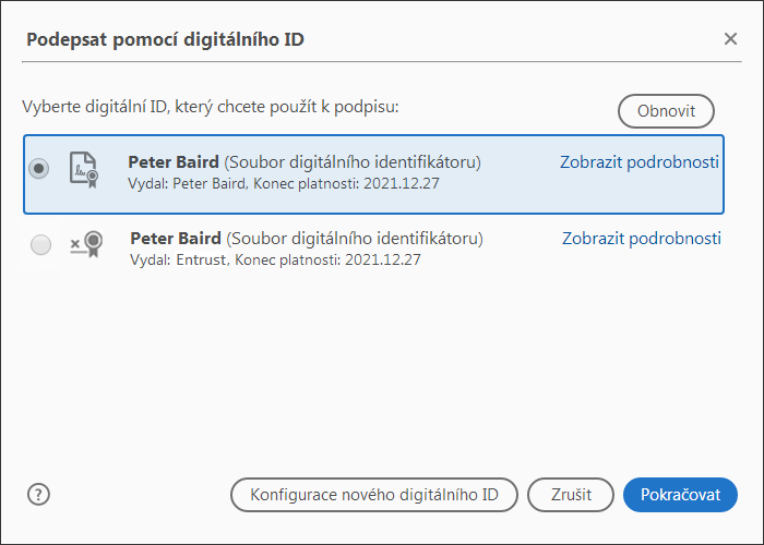 Vyberte digitální ID ze seznamu