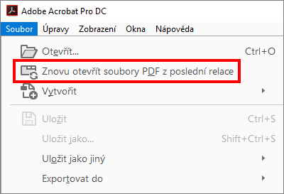 Opětovné otevření souborů PDF z poslední relace
