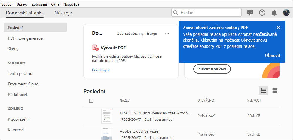 Znovu otevřít zavřené soubory PDF