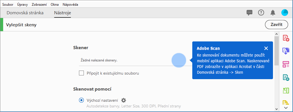 Kontextový tip pro použití mobilní aplikace Adobe Scan, pokud nebyly nalezeny žádné skenery