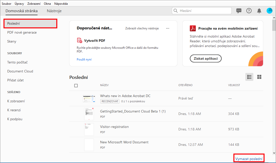 Vymazání seznamu posledních souborů