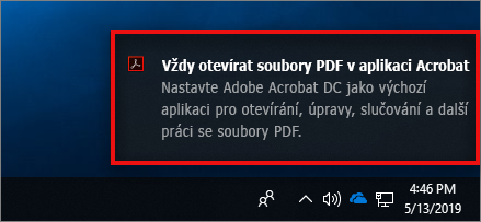 Informační zpráva o nastavení aplikace Acrobat jako výchozí aplikace pro soubory PDF