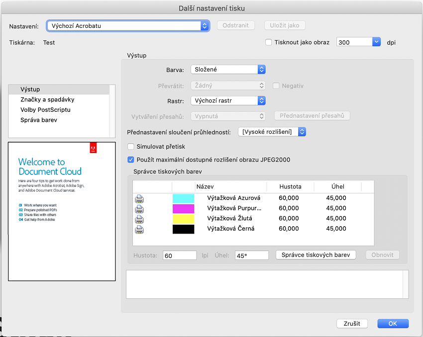 Dialogové okno Rozšířené nastavení tiskárny