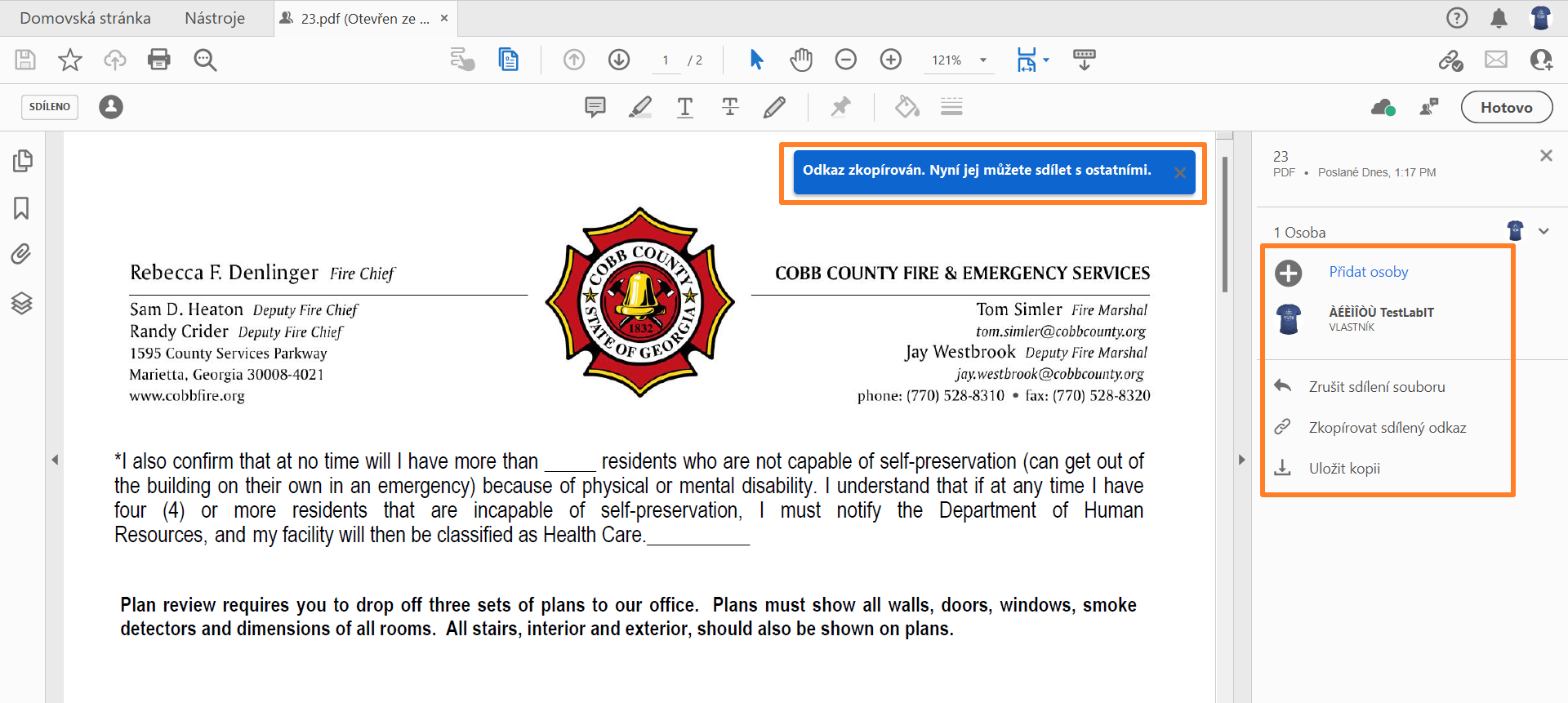 Sdílet vytvořený odkaz s ostatními příjemci