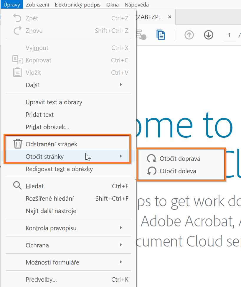 Upravit > Odstranit stránky nebo Otočit stránky
