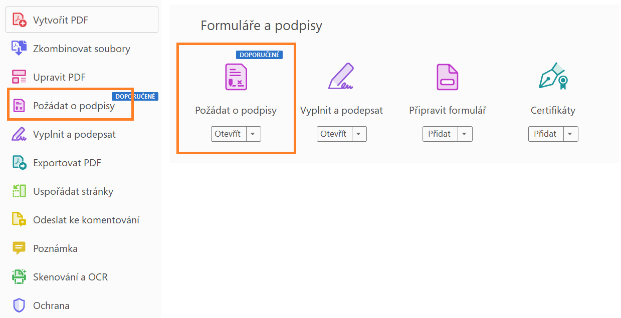 Nástroj pro elektronický podpis v pravém panelu a v nabídce Acrobat > Nástroje