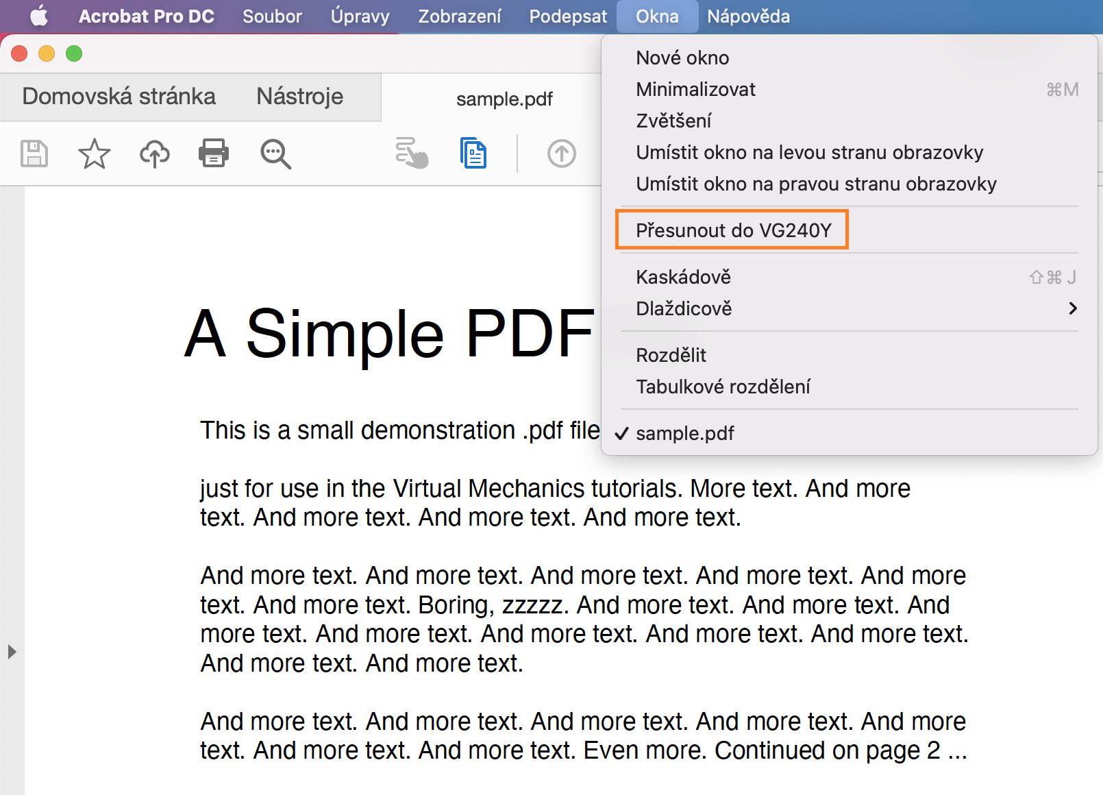 Přesunutí aplikace Acrobat na druhou obrazovku