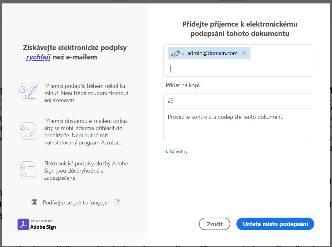 Přidat na kopii, předmět, podrobnosti zprávy