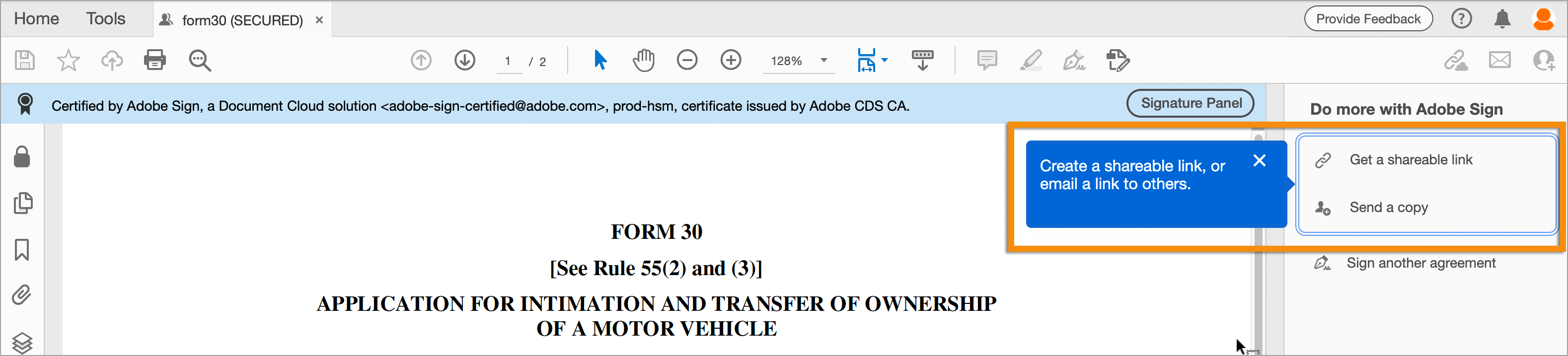 Výzva k vytvoření odkazu ke sdílení nebo k odeslání odkazu e-mailem