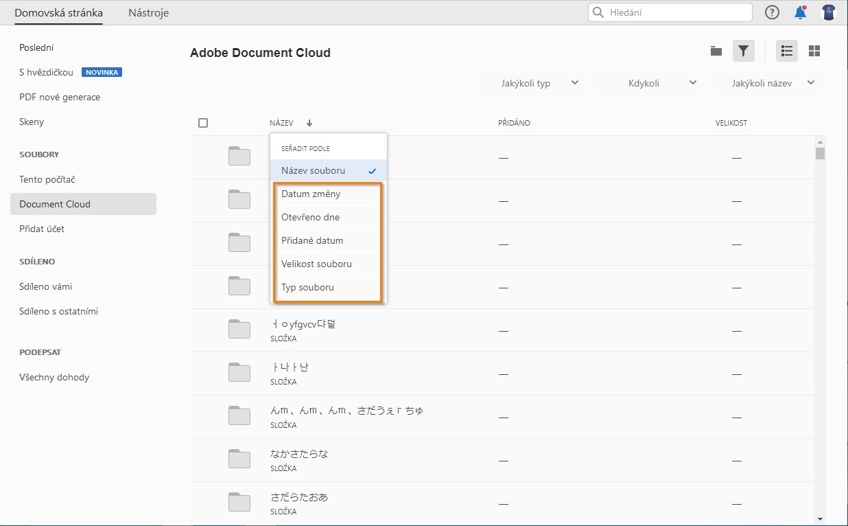 Seřadit soubory ve službě Document Cloud