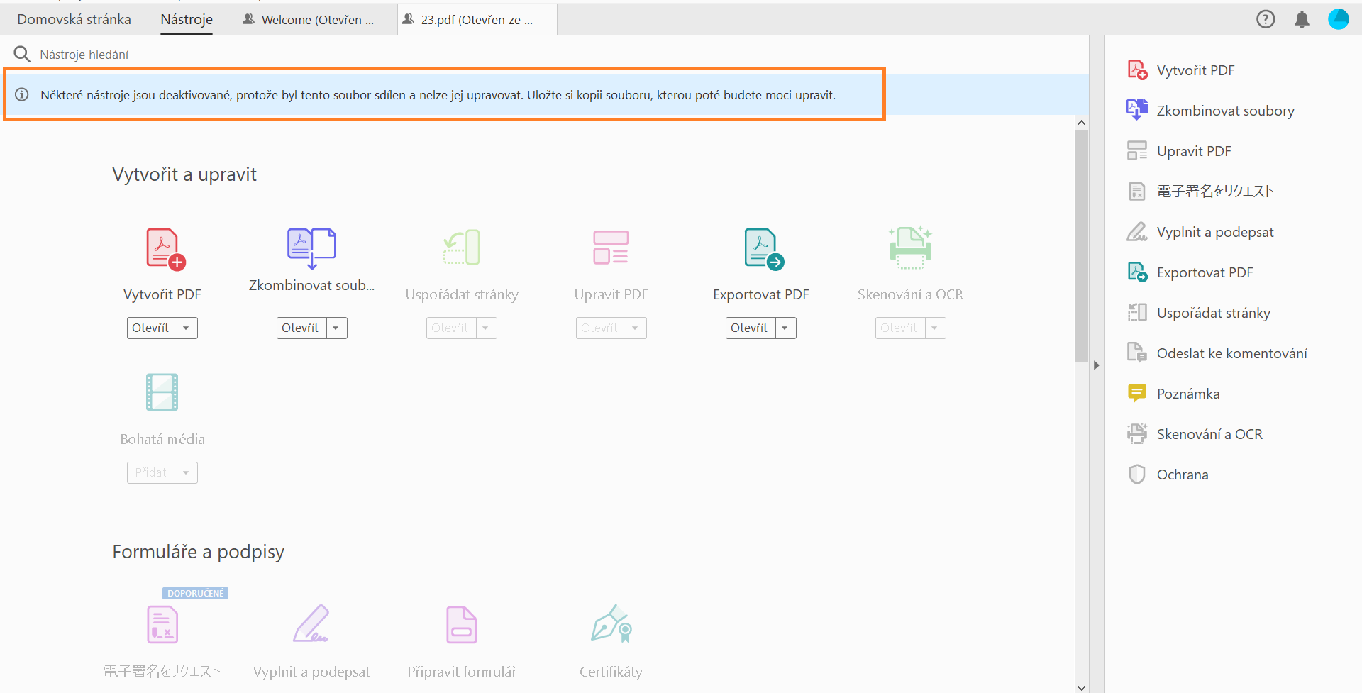 Zpráva v Centru nástrojů pro sdílené soubory