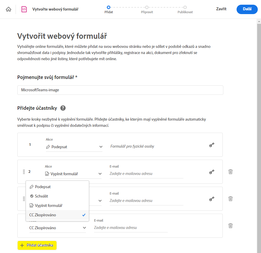 Přidání účastníků