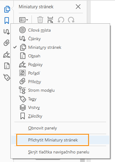 Připnutí položky levého okna z místní nabídky zobrazené kliknutím pravým tlačítkem