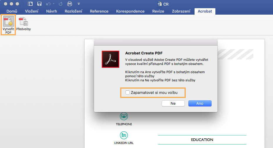 Vytvoření PDF v aplikaci Microsoft Word