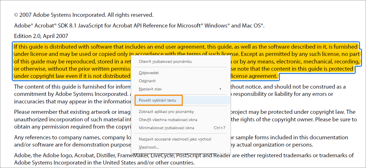 Povolení výběru textu pro zvýraznění