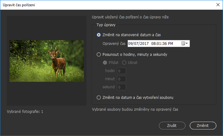 Upravování času pořízení souborů JPEG či RAW