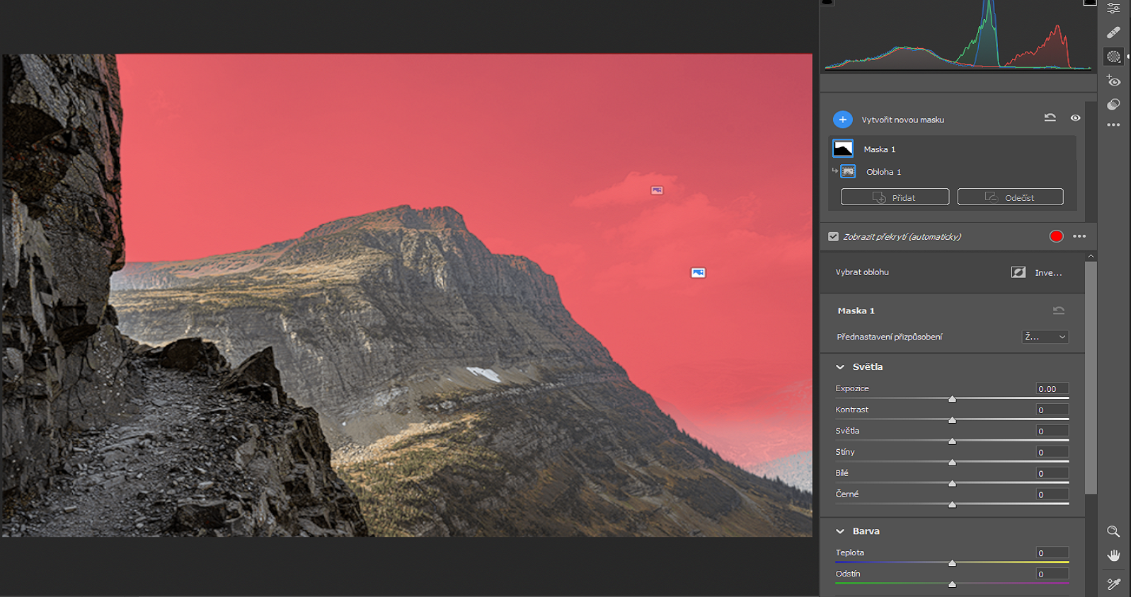 Automatický výběr oblohy v aplikaci Adobe Camera Raw