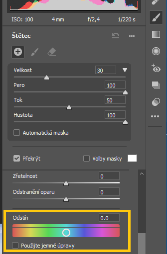 Nový posuvník odstínu v panelech lokálního přizpůsobení