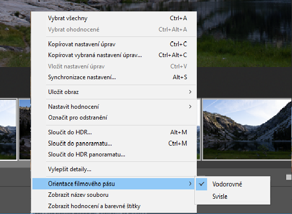 Kontextová nabídka filmového pásu