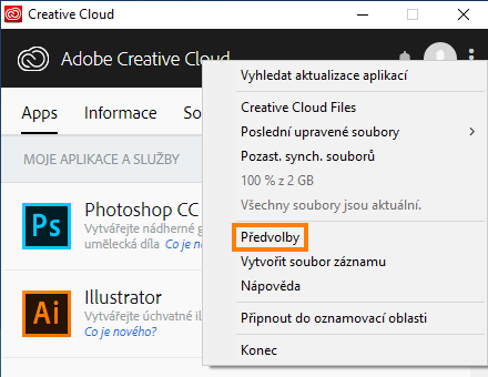 Možnost Předvolby v aplikaci Creative Cloud pro stolní počítače