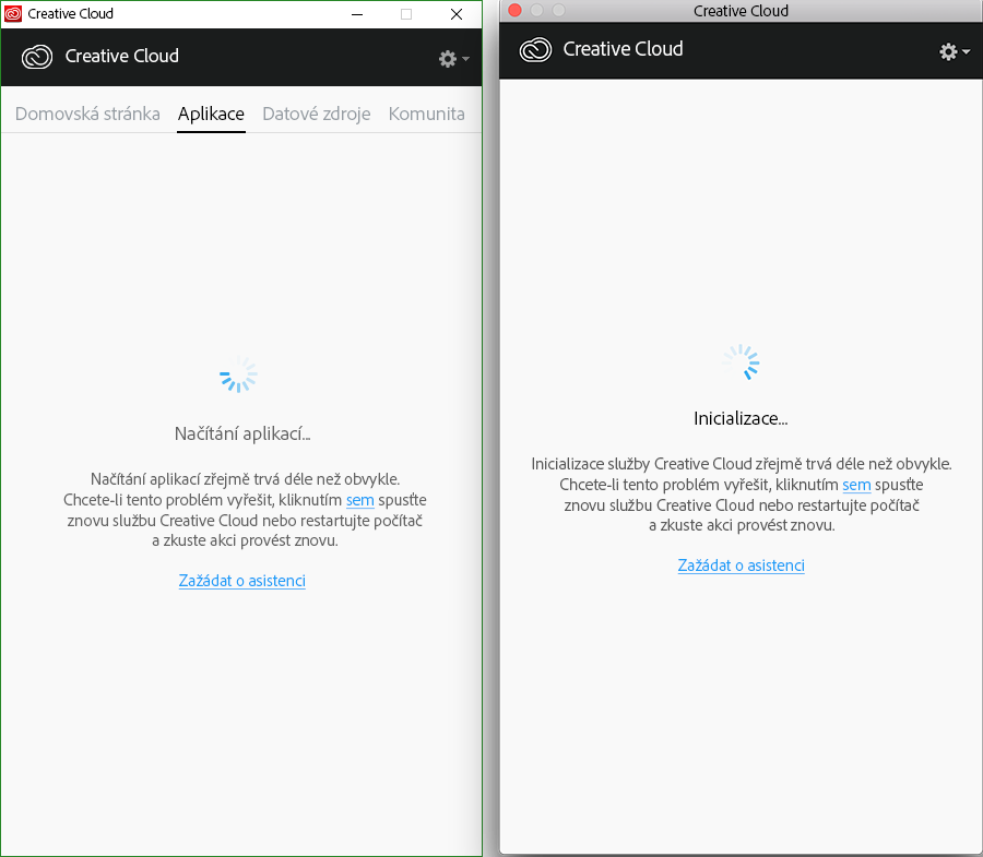 Inicializace nebo otevření počítačové aplikace Creative Cloud zřejmě trvá déle než obvykle.