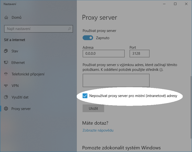 Konfigurace proxy serveru pro práci s knihovnami v systému Windows 10 – Krok 2