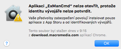 Upozornění, že nástroj ExManCmd nelze otevřít