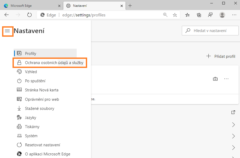 Klikněte na možnost Soukromí a služby