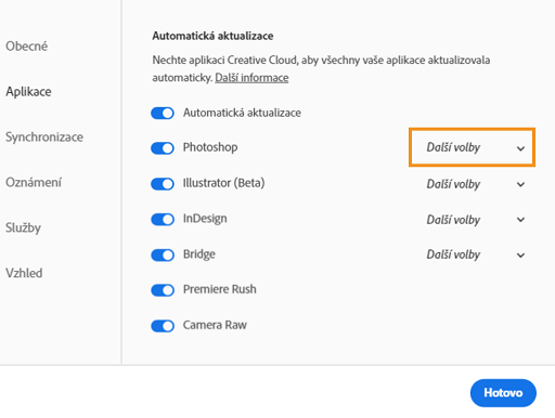 Výběr možnosti Další volby