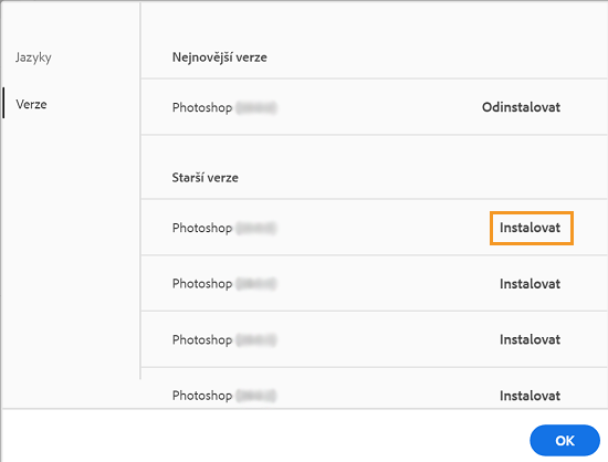 Instalace předchozích verzí aplikací Creative Cloud