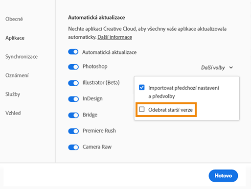 Zrušení výběru možnosti Odstranit předchozí verze