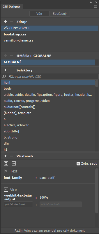 Postup použití panelu CSS Designer v aplikaci Dreamweaver