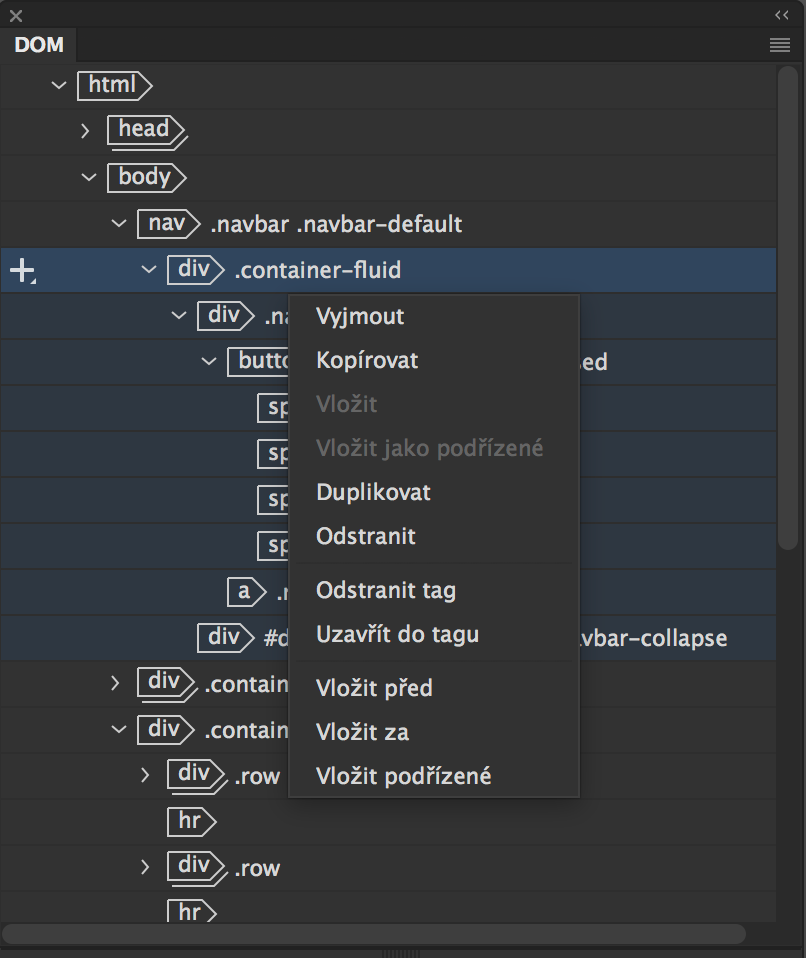 Možnosti úprav na panelu DOM