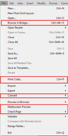 Nabídka Soubor – před aplikací Dreamweaver CC