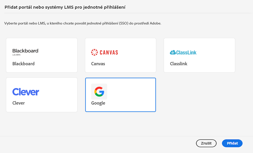 Vyberte portál nebo systém LMS