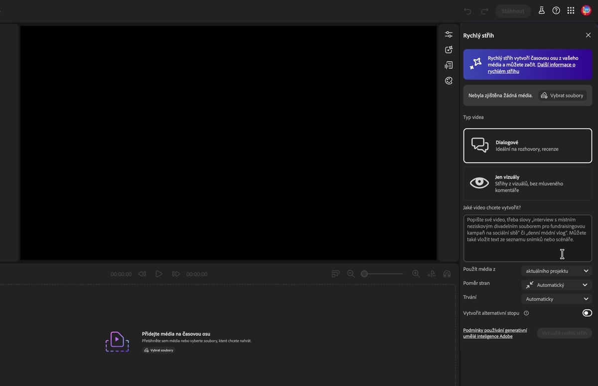 Asistent editoru videa Firefly je otevřený a jsou zde možnosti pro specifikaci nastavení generování hrubého sestřihu a přidání zadání.